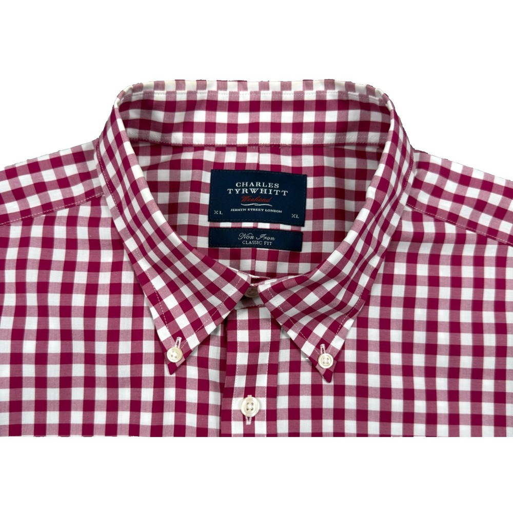 Charles Tyrwhitt Weekend XL Classic Fit Wine Red Gingham Short Sleeve Shirt